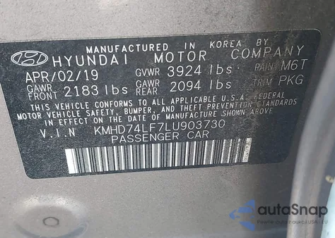 2020 Hyundai Elantra Se z USA, uszkodzony, nr VIN KMHD74LF7LU903730